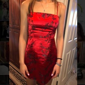 XS Red silk tiger mist square neck dress